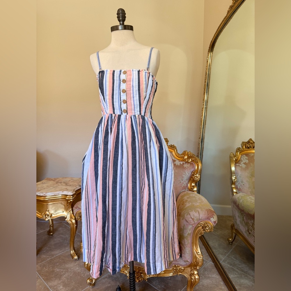 Free People Striped Button-Front Midi Dress in Pink, Blue & White